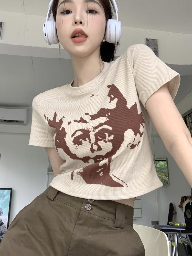 已出貨 美式辣妹印花短袖夏季新款別致顯瘦短款上衣套頭圓領T恤