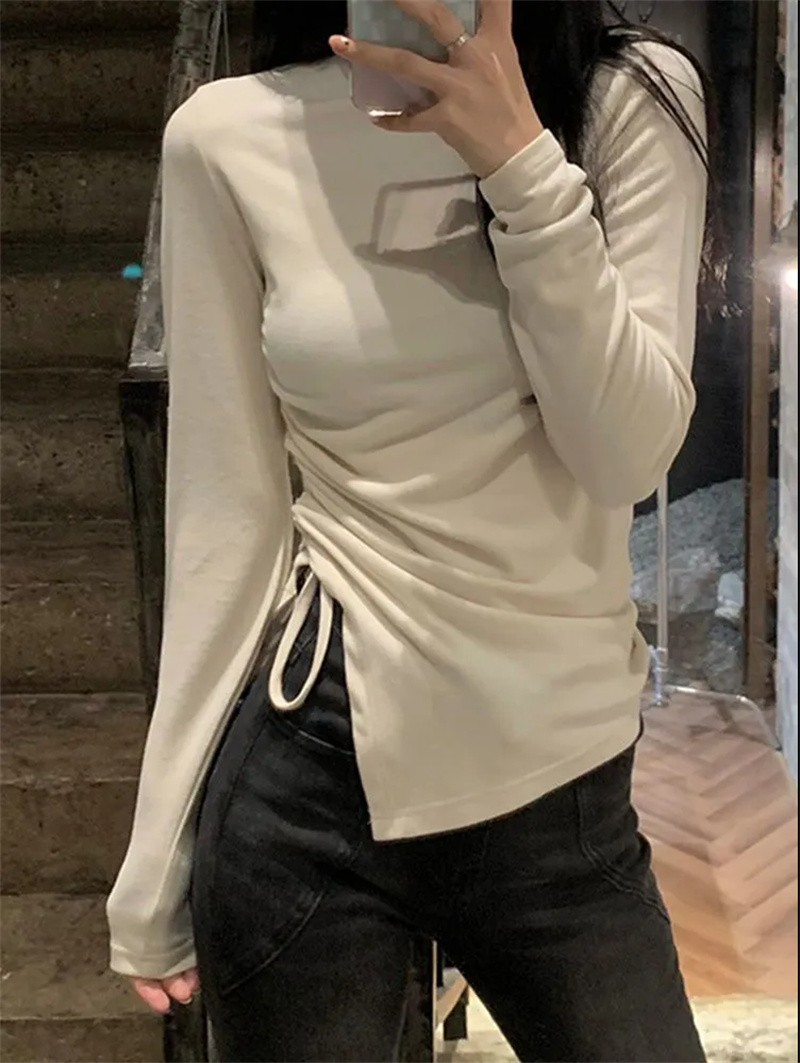 已出貨 高領打底衫女內搭設計感抽繩長袖t恤上衣套頭春秋純色