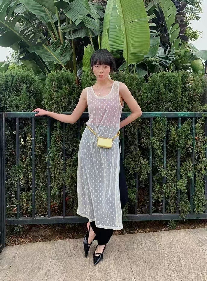 韓國東大門波點紗紗春季新款刺繡透視背心屁簾連衣裙