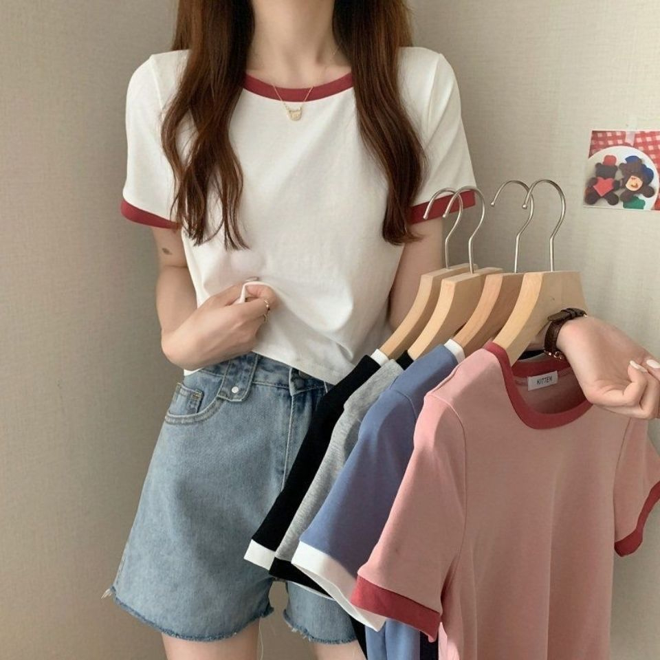 撞色圓領短袖t恤女夏季打底衫韓版修身短款