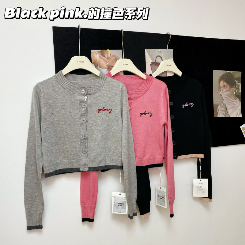 WANANTONG pink瑪麗珍高品山羊絨刺繡春季針織開衫女短款顯瘦上衣
