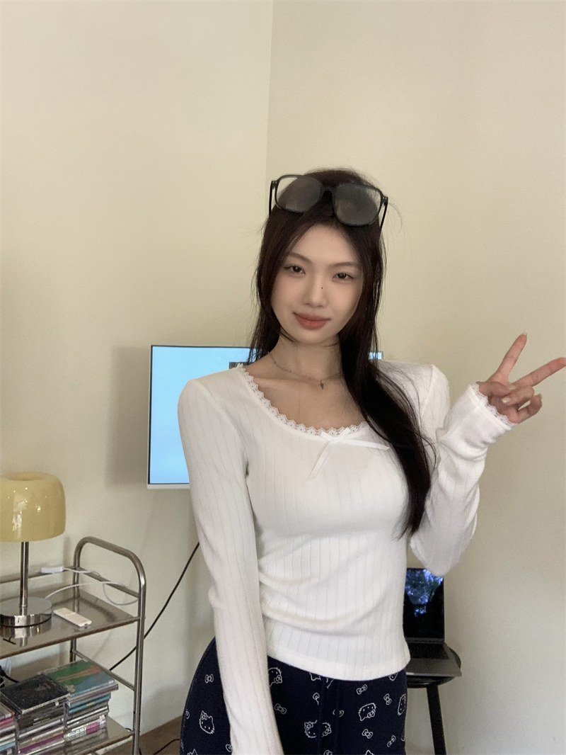 Actual shot ~ Korean pure desire white square neck and lace knitted sweater top
