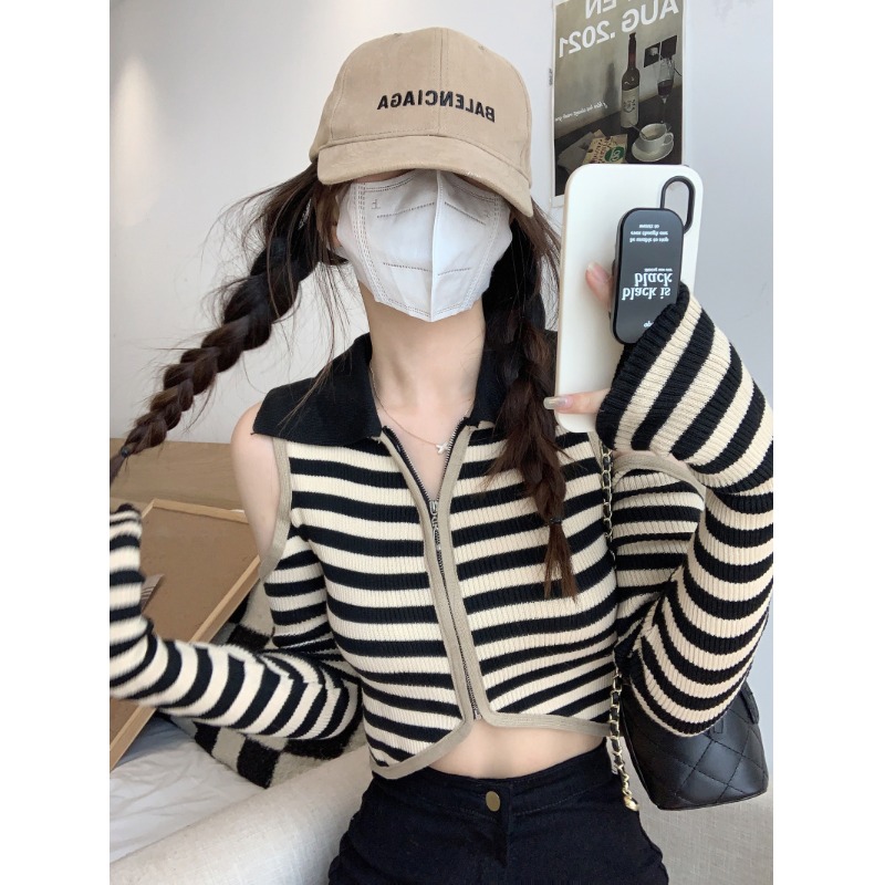 復古辣妹條紋POLO領針織開衫女夏季新款洋氣露肩長袖短款上衣
