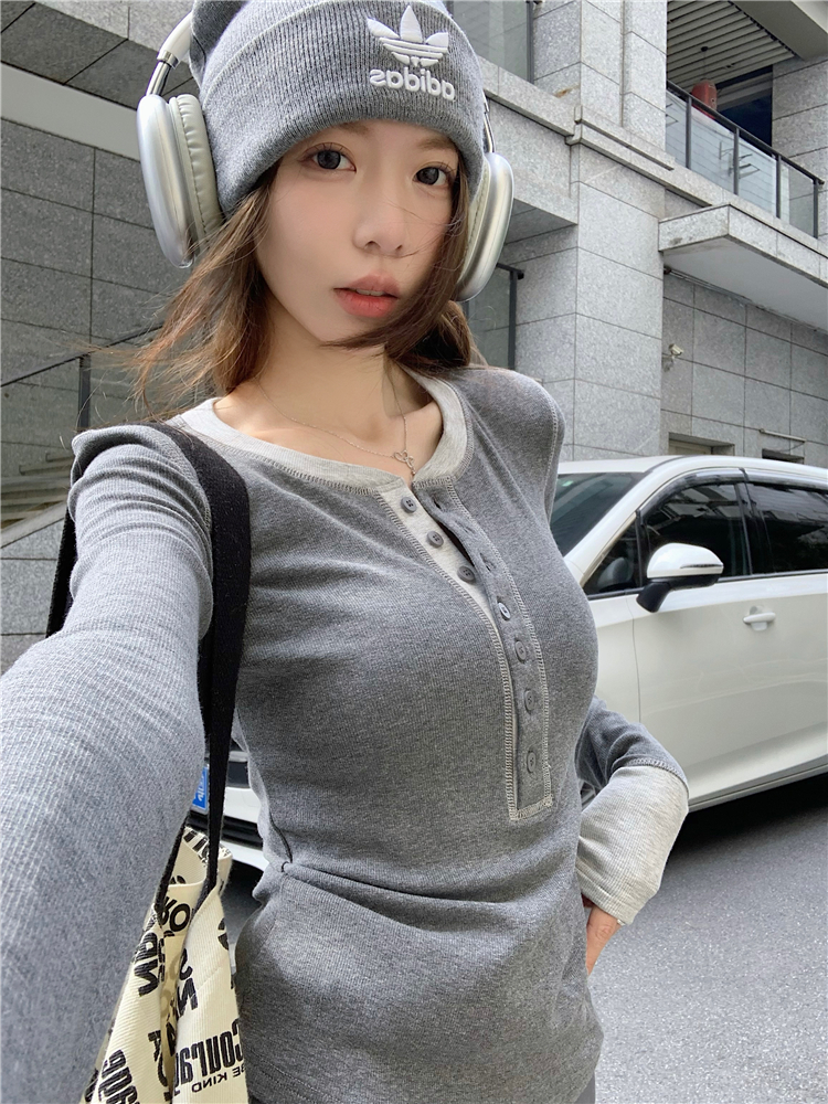 實拍~撞色針織T恤女春季長袖內搭打底衫修身短款圓領上衣