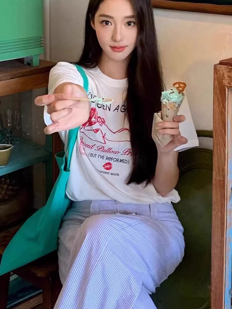 高質量純棉220克精梳緊密手感好直播品質前印花短袖t恤女