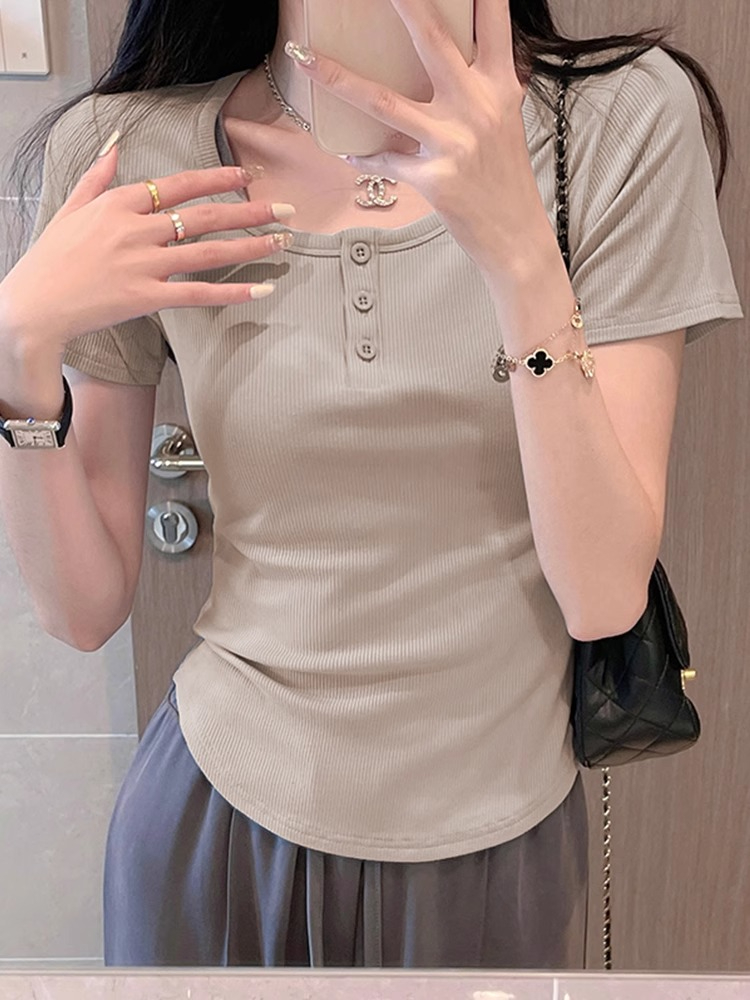 Official picture pure cotton design square neck short-sleeved T-shirt for women