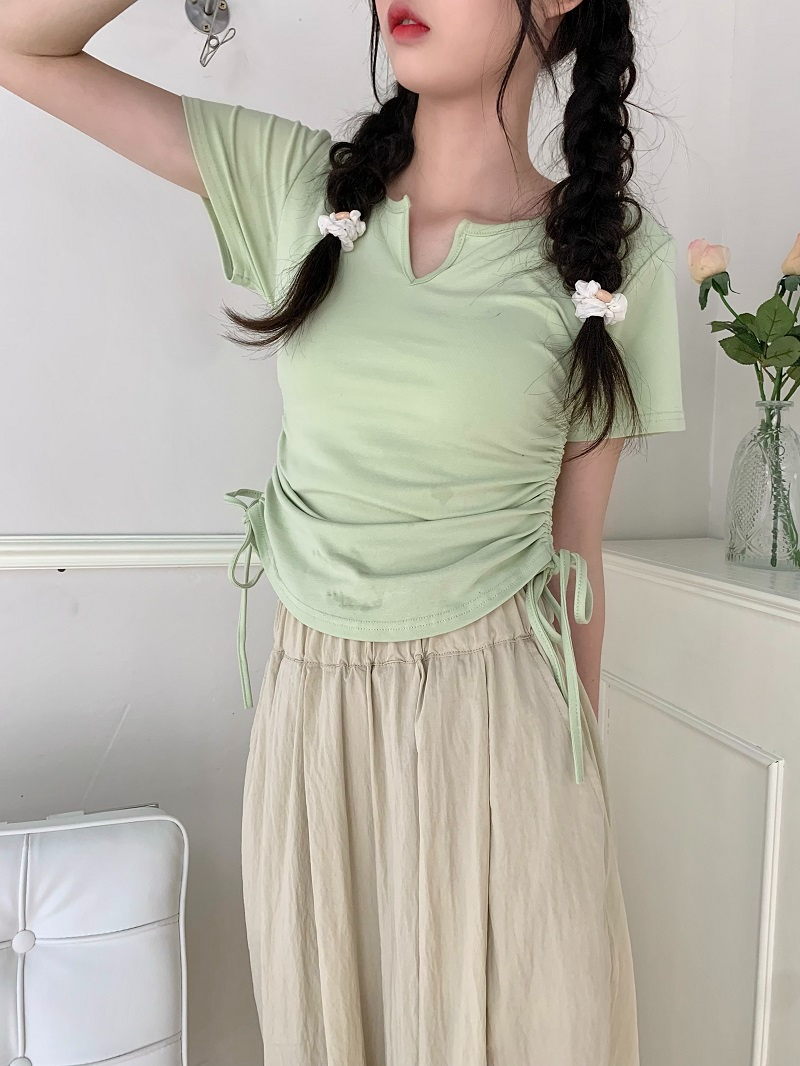 官圖 修身抽繩綁帶短袖T恤女顯瘦V領正肩百搭彈力短款褶皺上衣