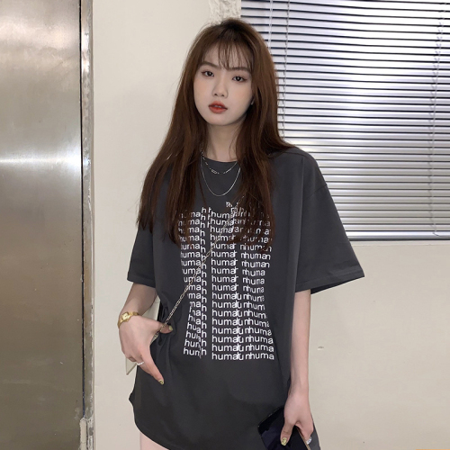 短袖T恤女夏季原宿风设计感字母印花宽松中长款上衣
