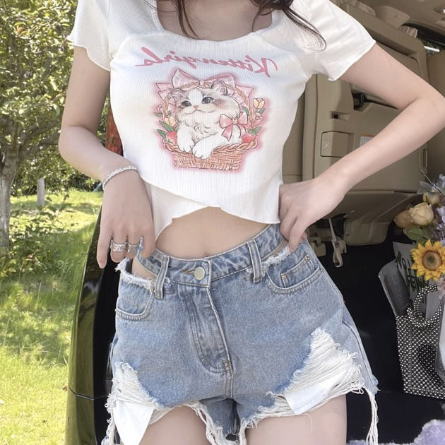 已出貨 韓版辣妹卡通貓咪正肩短t恤女設計感短款顯瘦上衣女