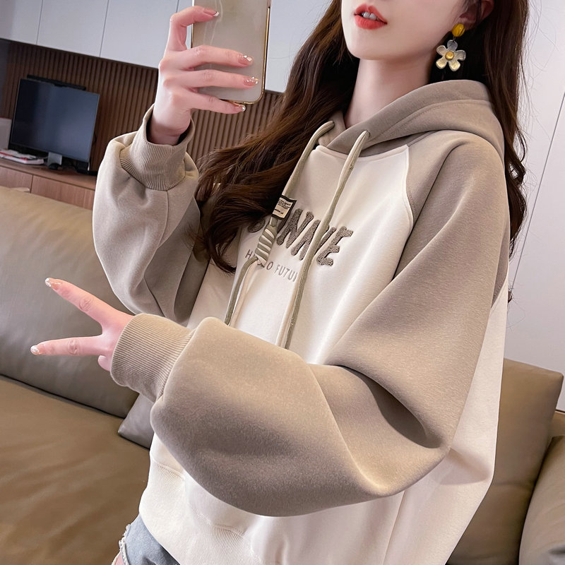 實拍 2024春季新款韓版連帽刺繡拼接大碼簡約薄款衛衣女