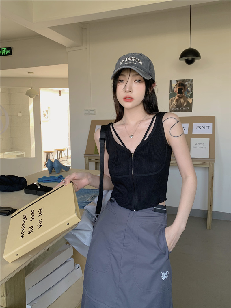 已出貨 夏季新款法式拉鏈吊帶背心女無袖內搭短款外穿上衣女