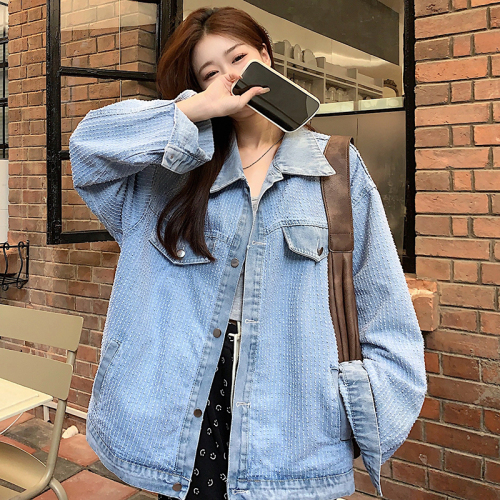 Actual shot~Spring Korean style loose small fragrant street denim jacket with puffy breasts and long sleeve design is niche