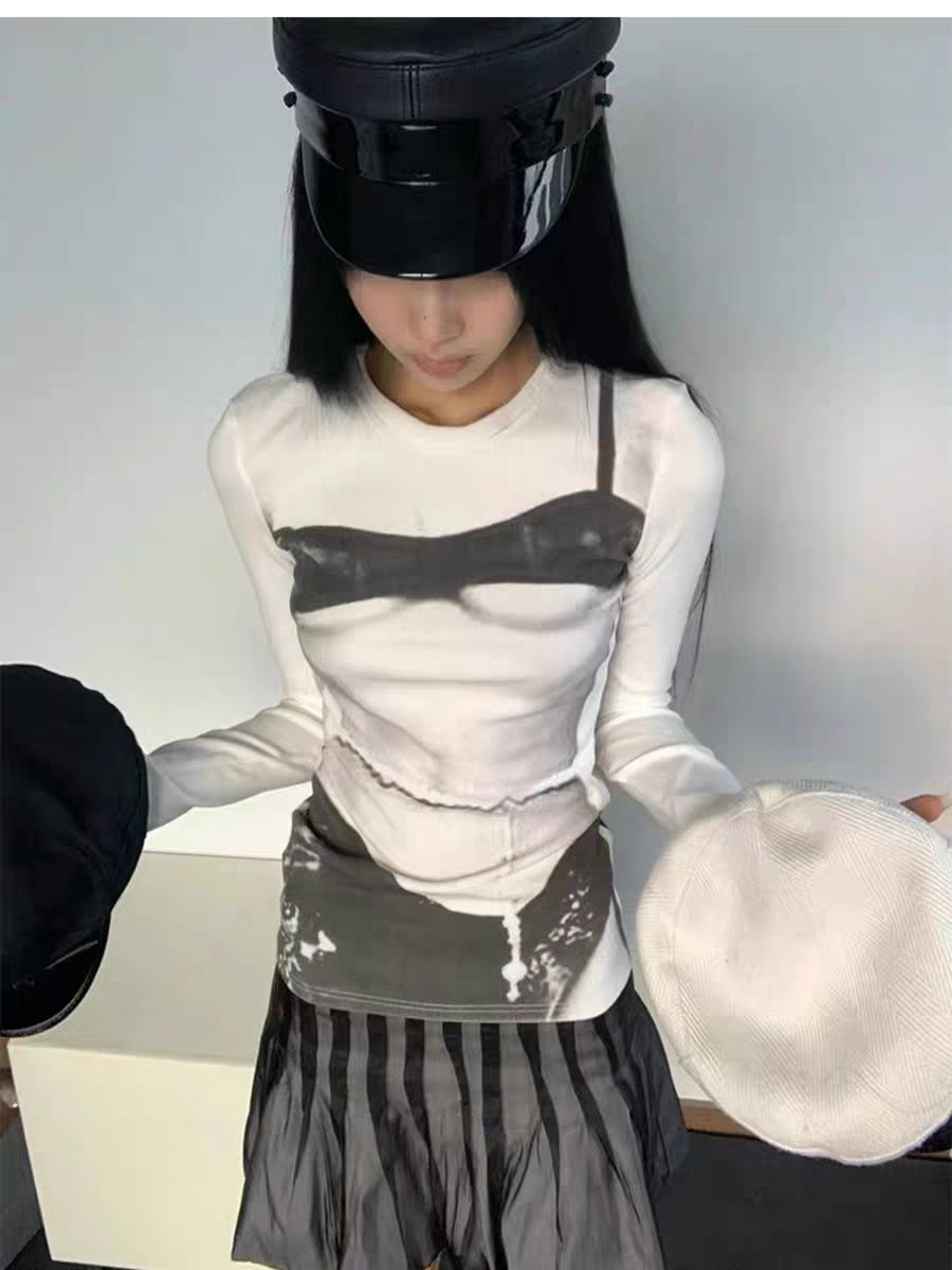 已出貨 美式復古風辣妹長袖時尚t恤女春秋新款打底衫修身顯瘦