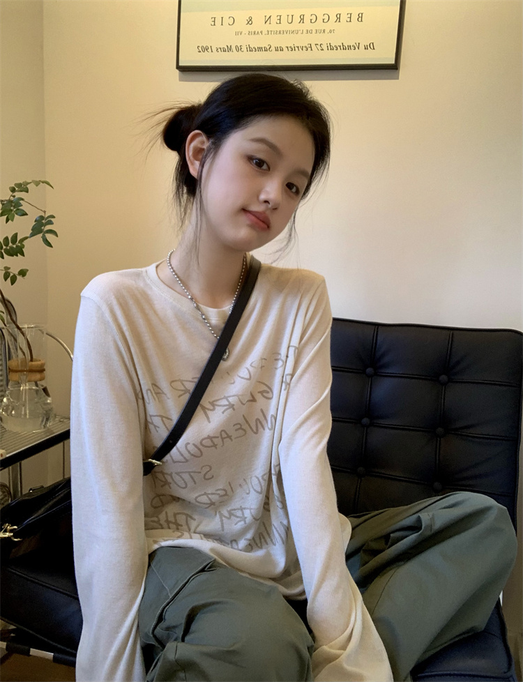 實拍 寬鬆印花薄款長袖防曬T恤