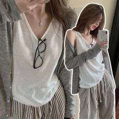 Items Shipped - Korean Leisure Style Set Loose-Fitting Sun Protection Cardigan Outerwear for Women, Slimming White Tank Top Upper Shirt for Women
