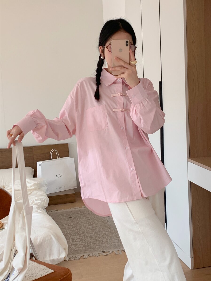 Actual shot of new Chinese button-up shirt for women, versatile design, niche and unique long-sleeved shirt top