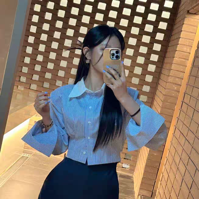 2024 Korean patchwork contrasting striped short waist backless strappy shirt
