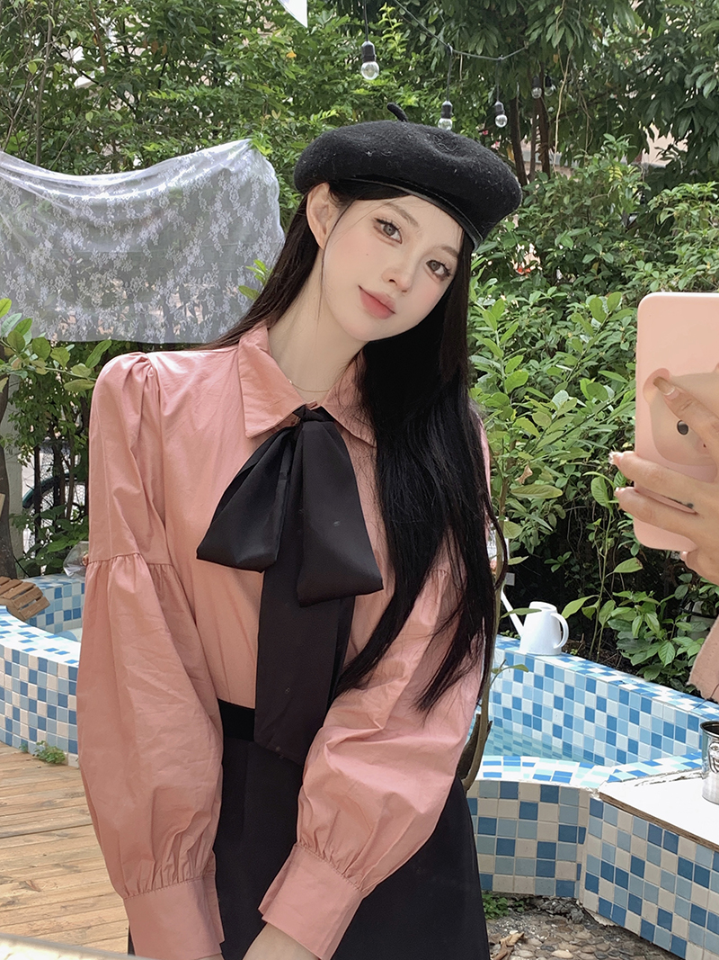 Real shot!  Bow ribbon shirt spring design loose slimming age-reducing western style top 2401