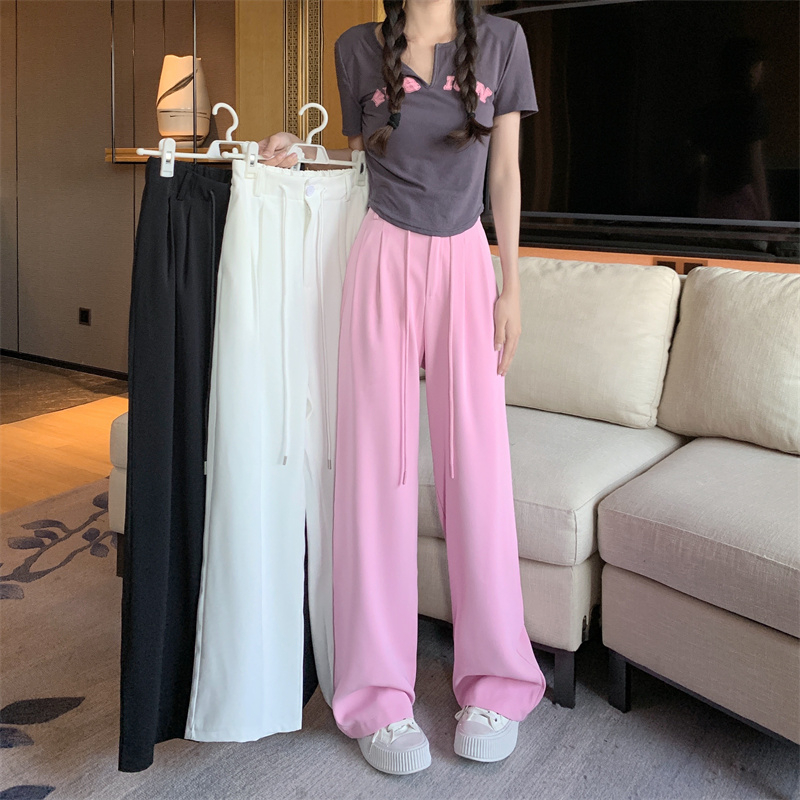 抽繩垂感闊腿褲女新款夏季高腰寬鬆直筒長褲拖地褲休閒褲子