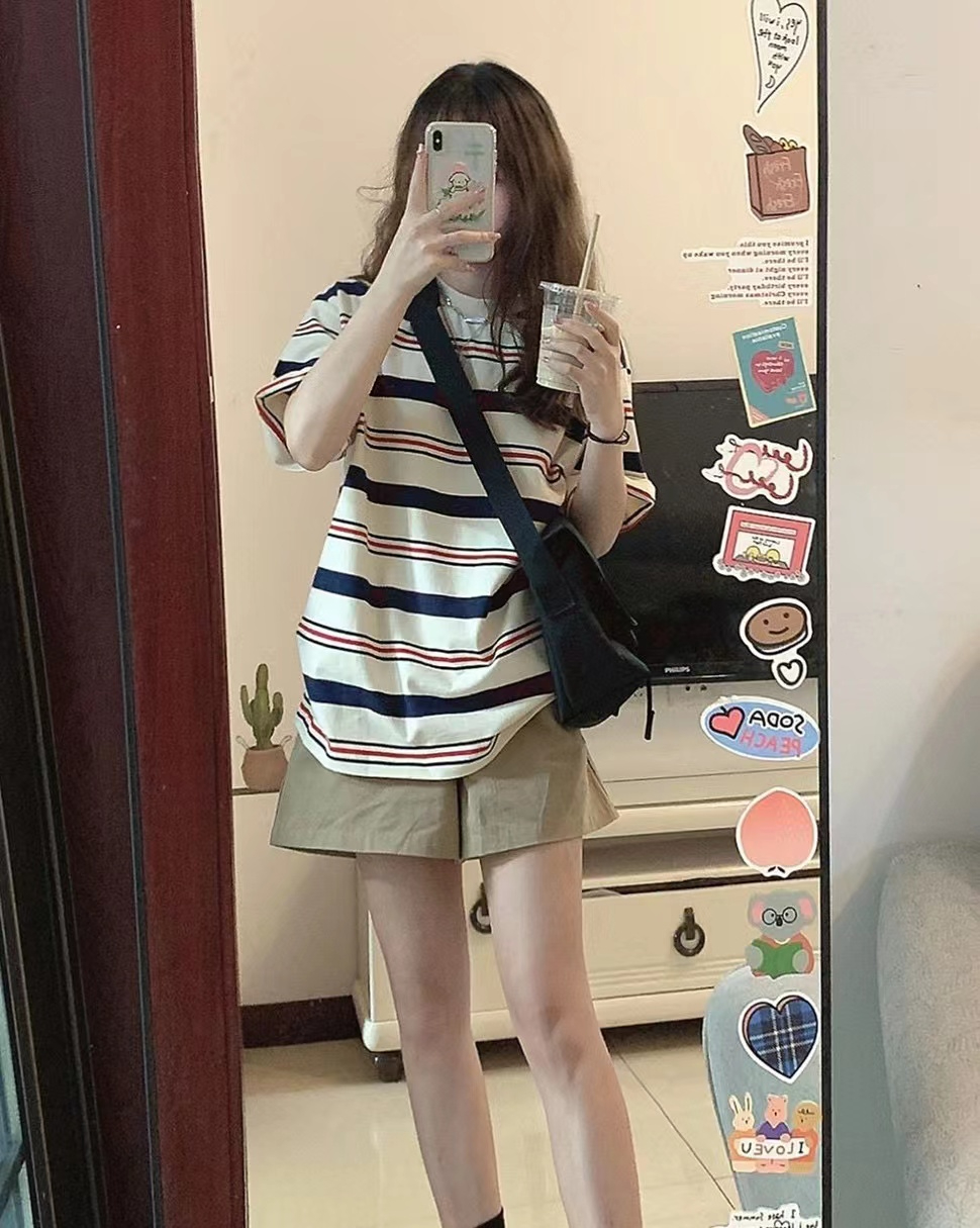 撞色條紋短袖t恤女ins潮夏裝寬鬆bf慵懶風體恤休閒中長款半袖上衣