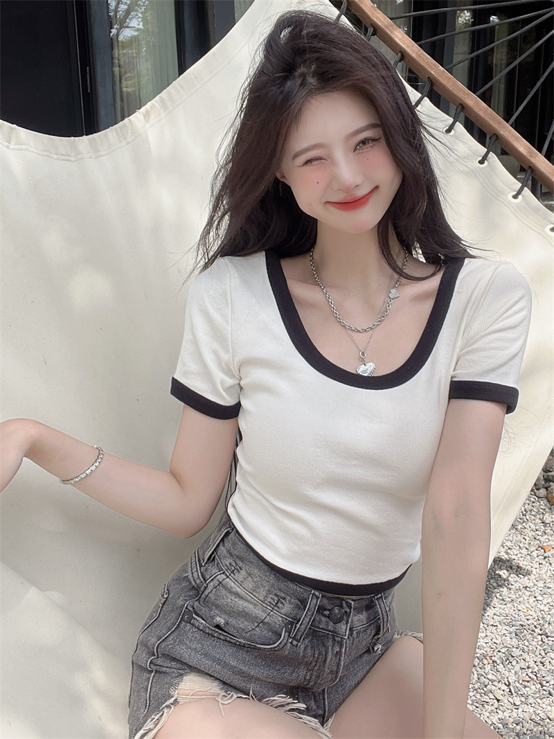已出貨 u領粉色短袖t恤女小眾別致短款上衣超修身T恤圓領夏季