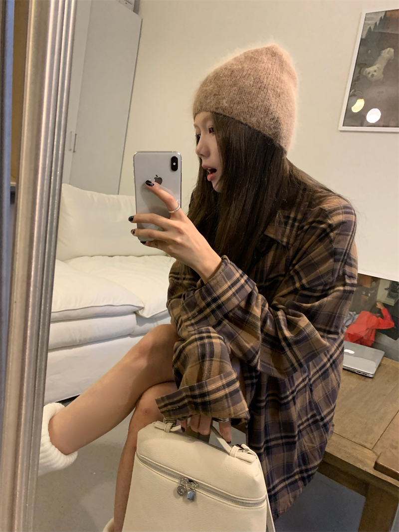Real shot ~ American retro caramel plaid shirt loose long-sleeved shirt