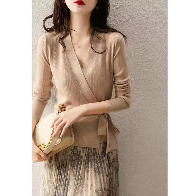 2024 spring and autumn new style long-sleeved knitted cardigan with sweater jacket, elegant wraparound lace-up V-neck slim fit