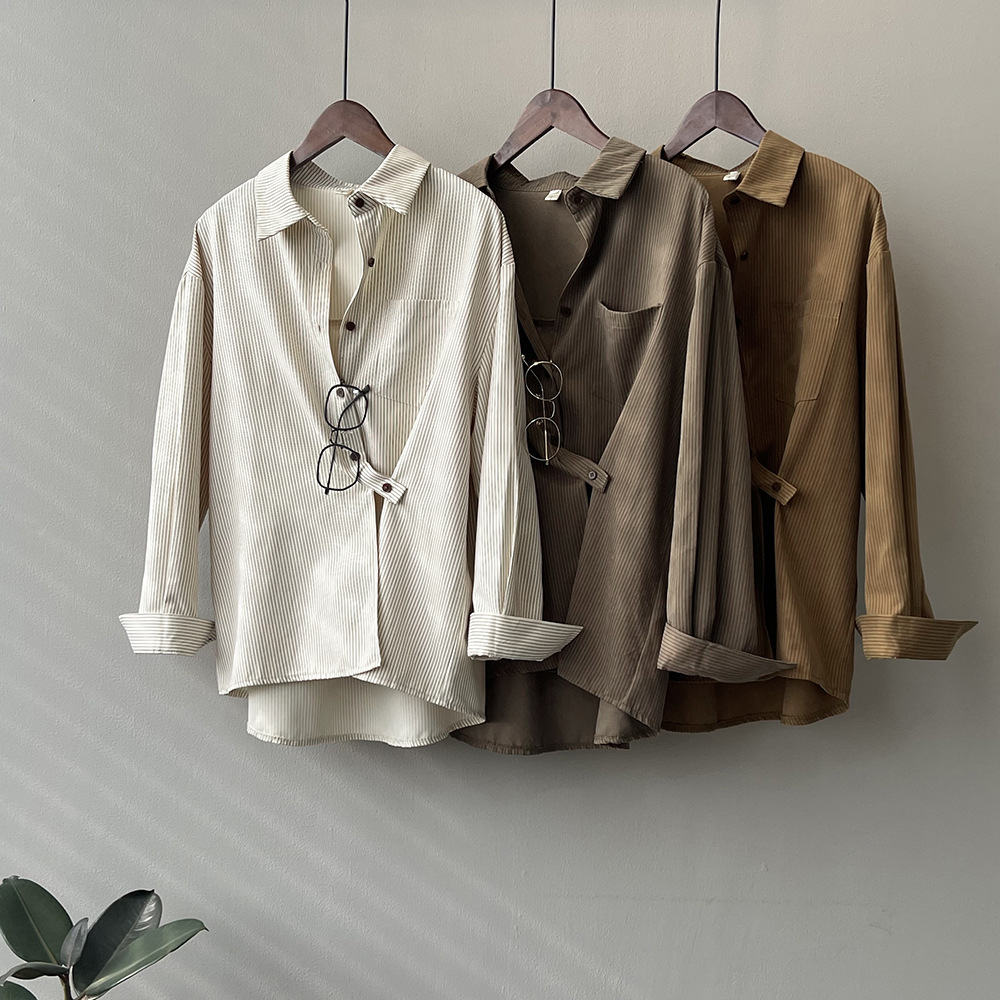 Real shot~Striped shirt for women 2024 spring new design irregular diagonal buttoned shirt loose top