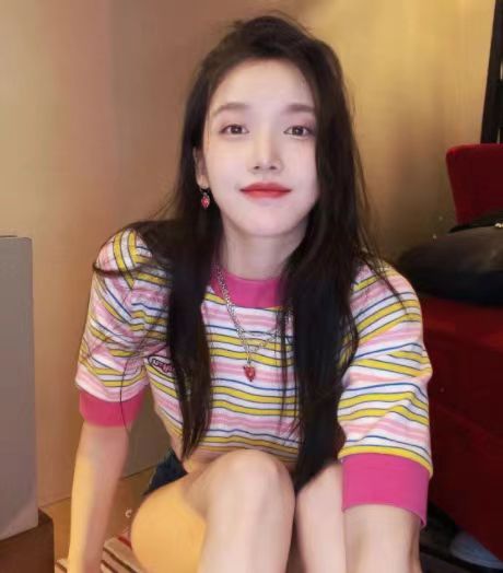 姜貞羽同款粉色條紋短袖T恤女春夏新款少女可愛風上衣打底衫