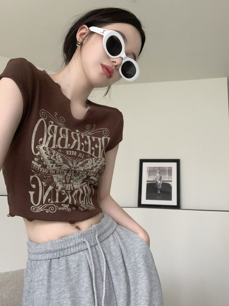 已出貨 美式復古小眾設計感波邊V領短袖T恤女套頭夏季百搭半開領