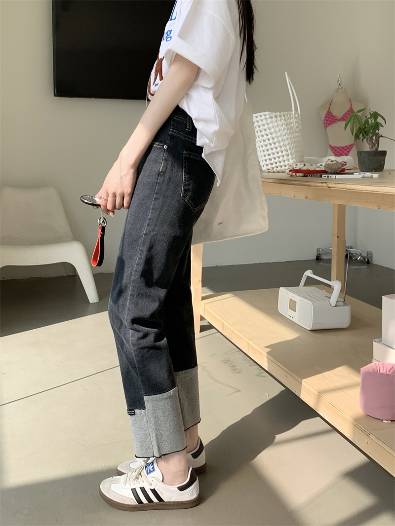 實拍 春季新款高腰彈力寬鬆直筒九分牛仔褲女