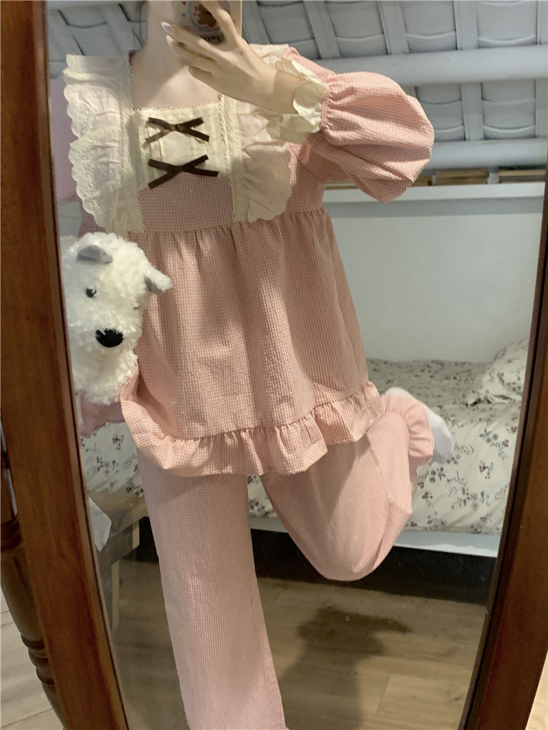 Actual shot of Korean version of sweet and fresh fine Grace bow with contrasting color spring new home wear set