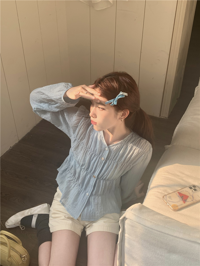 實拍 新款 韓版V領溫柔風打褶復古氣質襯衫防曬上衣