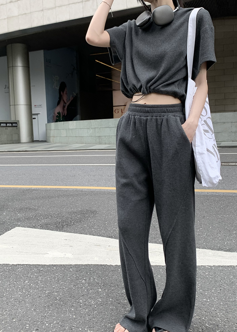 實拍 純色高腰寬鬆闊腿褲+簡約圓領短袖T女慵懶感休閒套裝