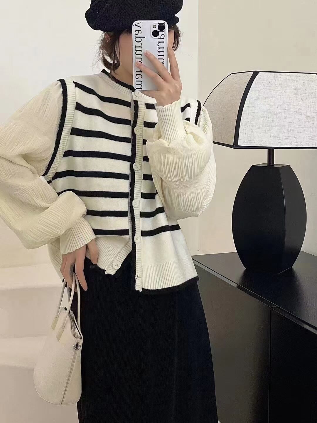 實拍~2024春款氣質泡泡袖女條紋ins風簡約甜美慵懶風針織衫