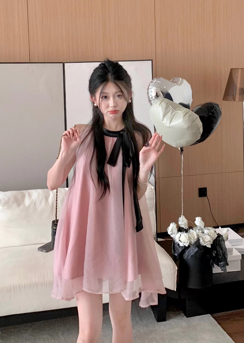 實拍~生日趴女主~經典粉黑系帶掛脖連衣裙溫柔短裙夏