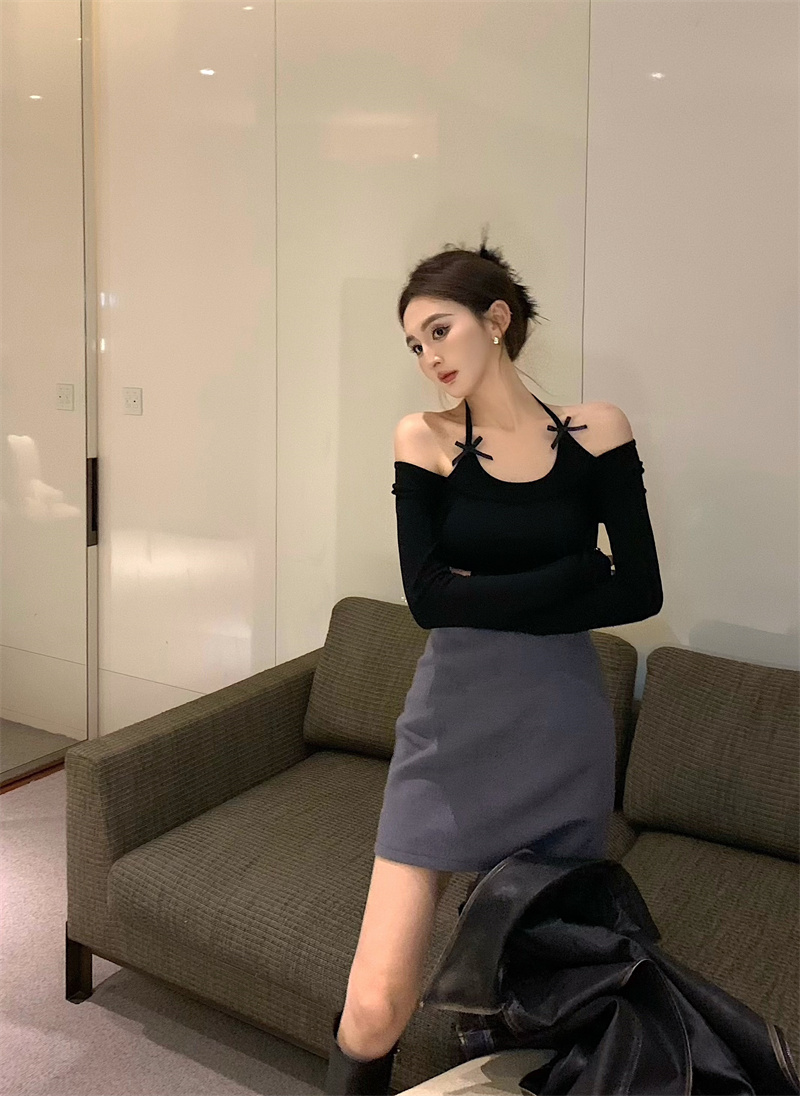 實拍  法式芭蕾少女假兩件蝴蝶結掛脖綁帶修身T恤上衣