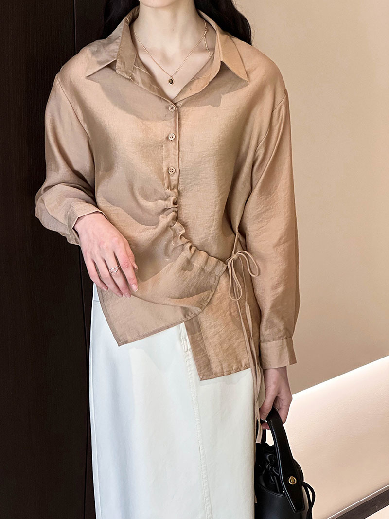 Actual shot ~ 2024 spring Korean style design shirt women’s drawstring design irregular top