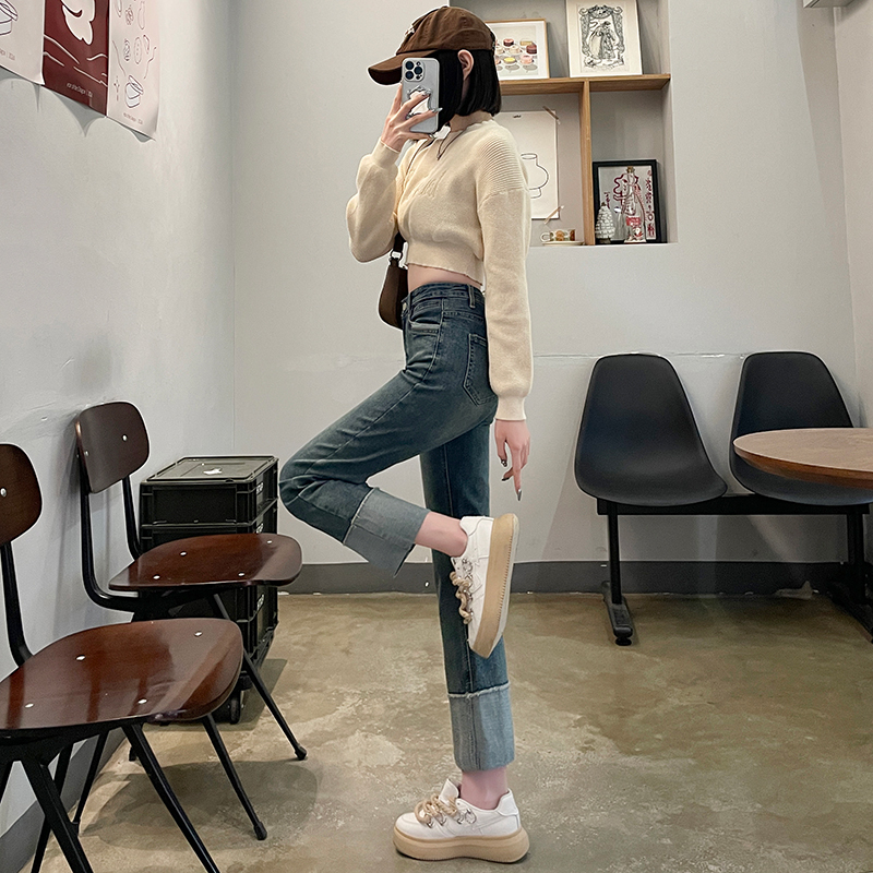 卷邊直筒牛仔褲女2024年春季新款高腰顯瘦煙管褲法棍褲九分小個子
