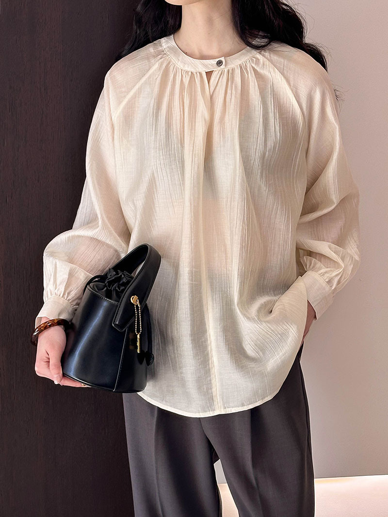 Real shot ~ Round neck loose simple shirt for women 2024 spring Korean style retro solid color temperament top