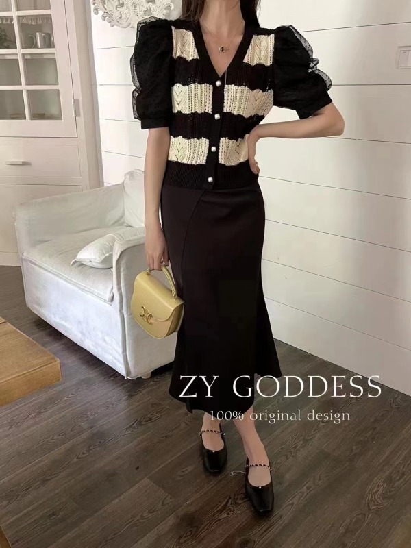 ZYGODDESS法式優雅網紗拼接條紋短袖針織衫女短款開衫