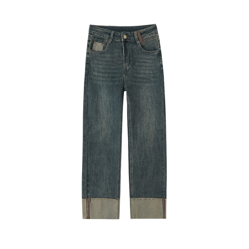 Photographed and Spliced Frayed Denim Jeans for Women Spring/Autumn 2024 New High-Waist Slimming Shorty Nine-Divided Edge Smoking Pipe Pants