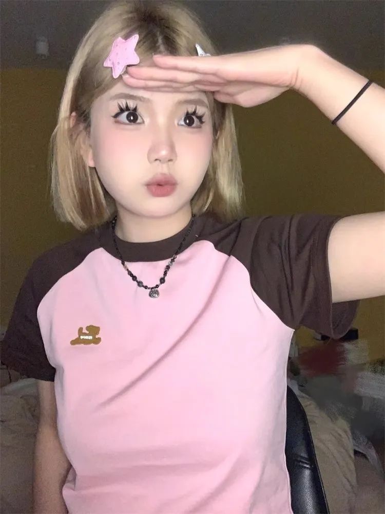 已出貨 韓系甜酷小個子學院風拼色上衣炸街修身顯瘦夏季新款T恤女