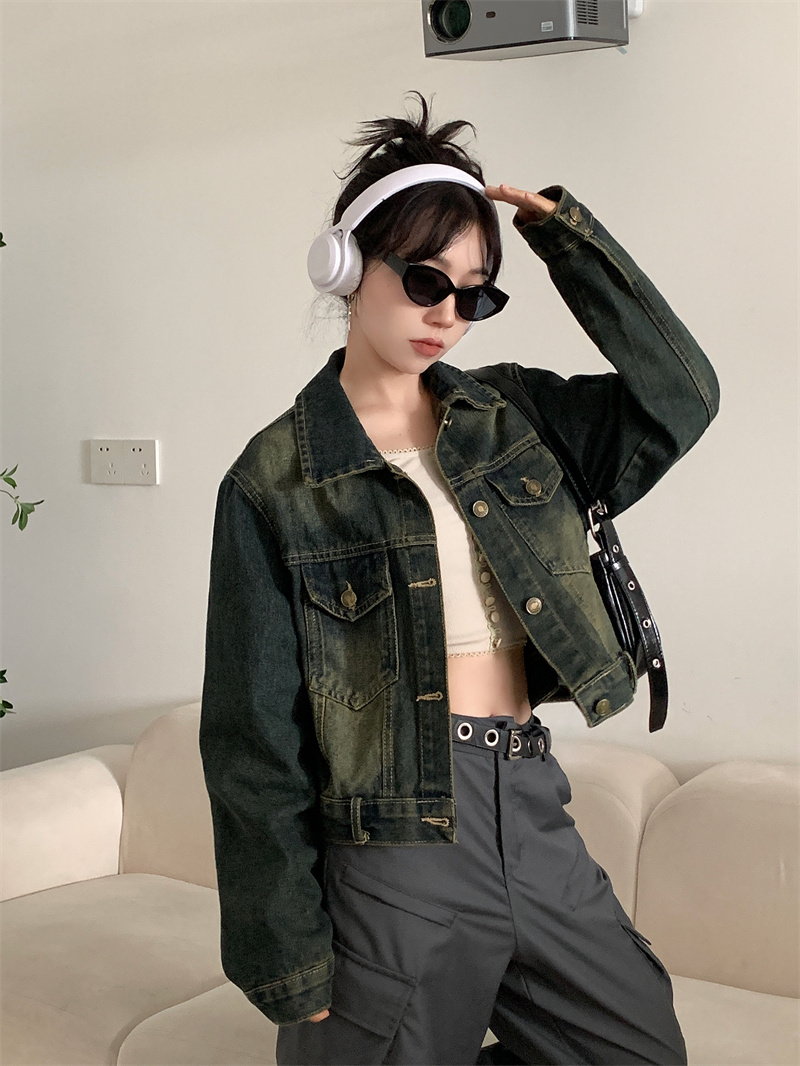 新款復古氣質炸街百搭Polo領顯瘦配腰帶做舊百搭牛仔外套上衣女