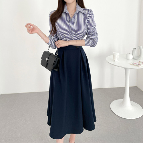Size update Korean chic spring French light luxury fashion temperament striped patchwork waist shirt dress