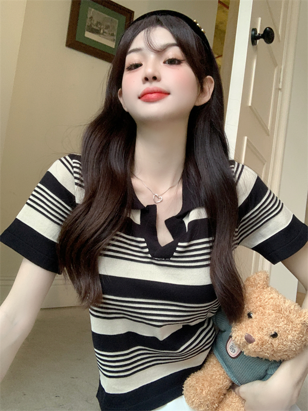已出貨 純棉polo衫復古條紋設計感修身短款上衣女夏季T恤短袖