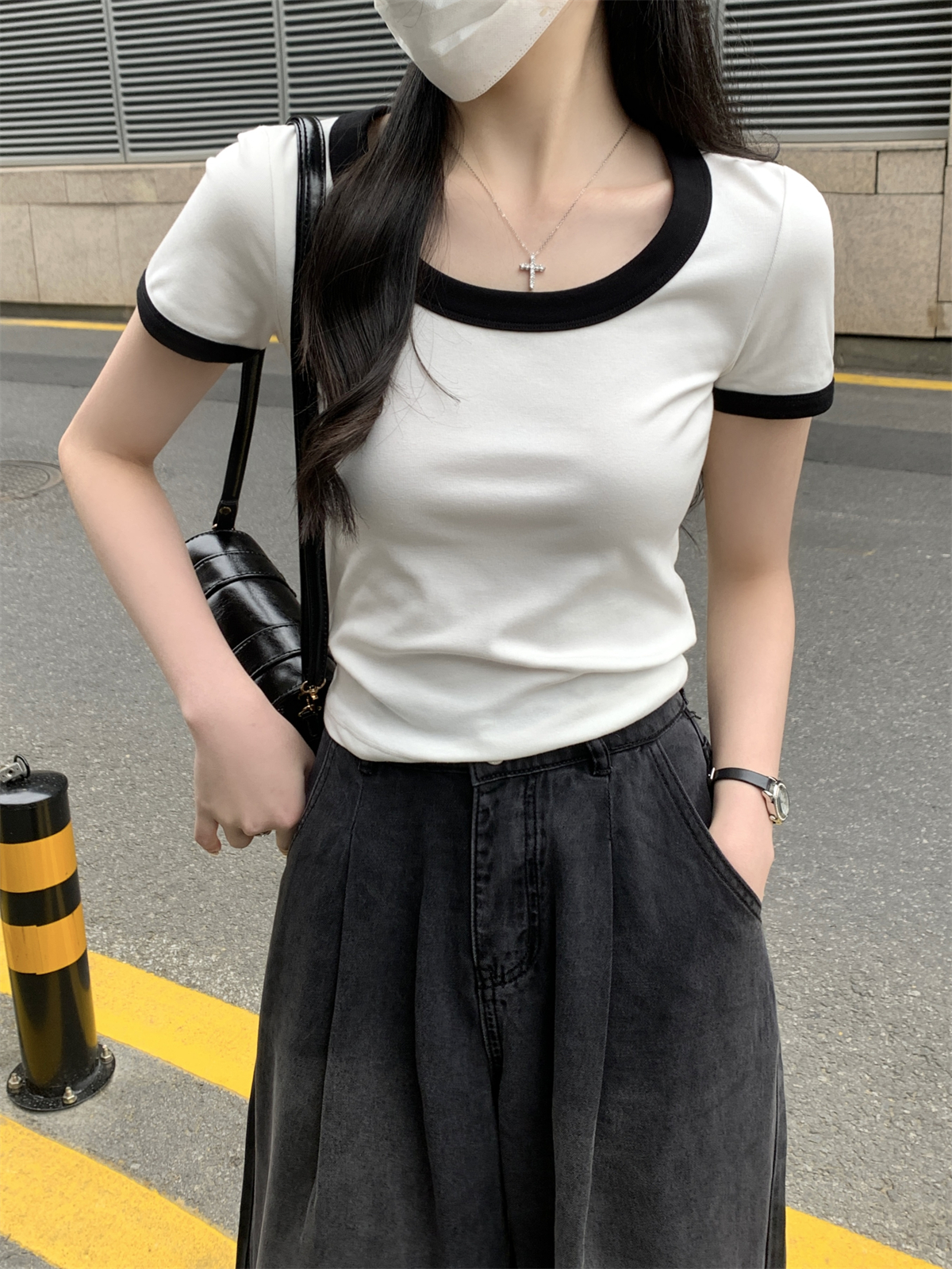 實拍 春夏韓版方領正肩撞色氣質百搭純棉短袖女上衣