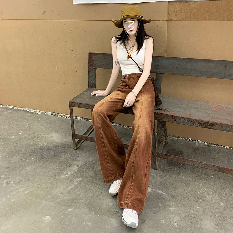 實拍24thootd高街美式復古棕色潮牌小眾設計直筒寬鬆版闊腿牛仔褲