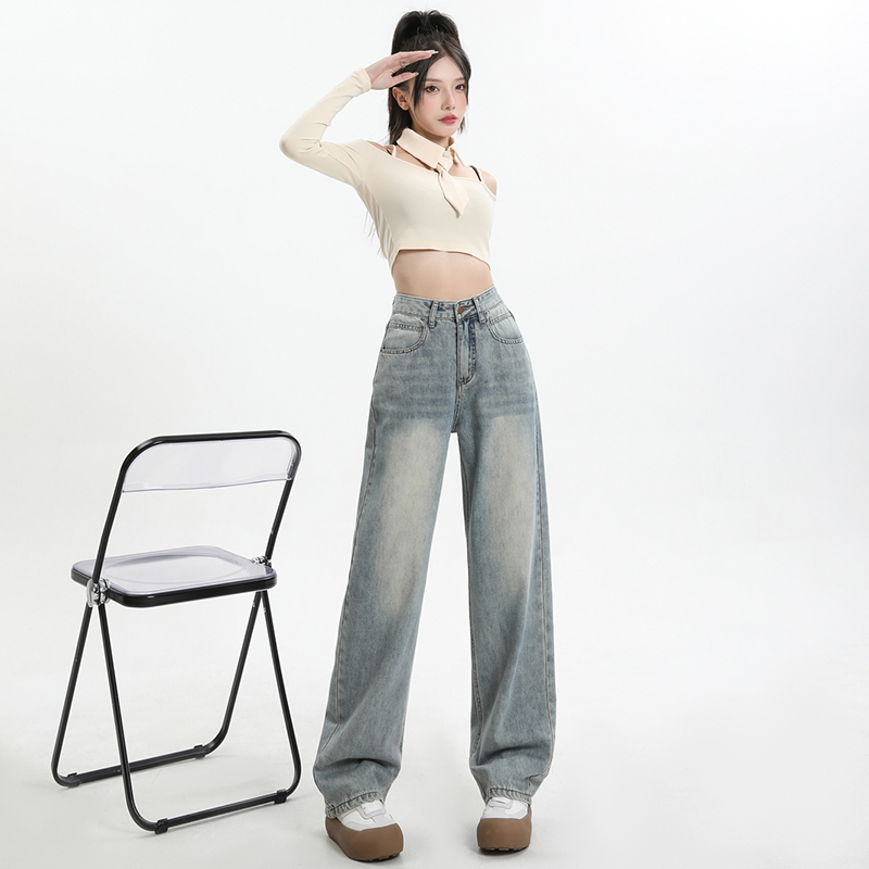 實拍~闊腿高腰牛仔褲女2024春季美式高街顯瘦辣妹拖地寬鬆直筒褲
