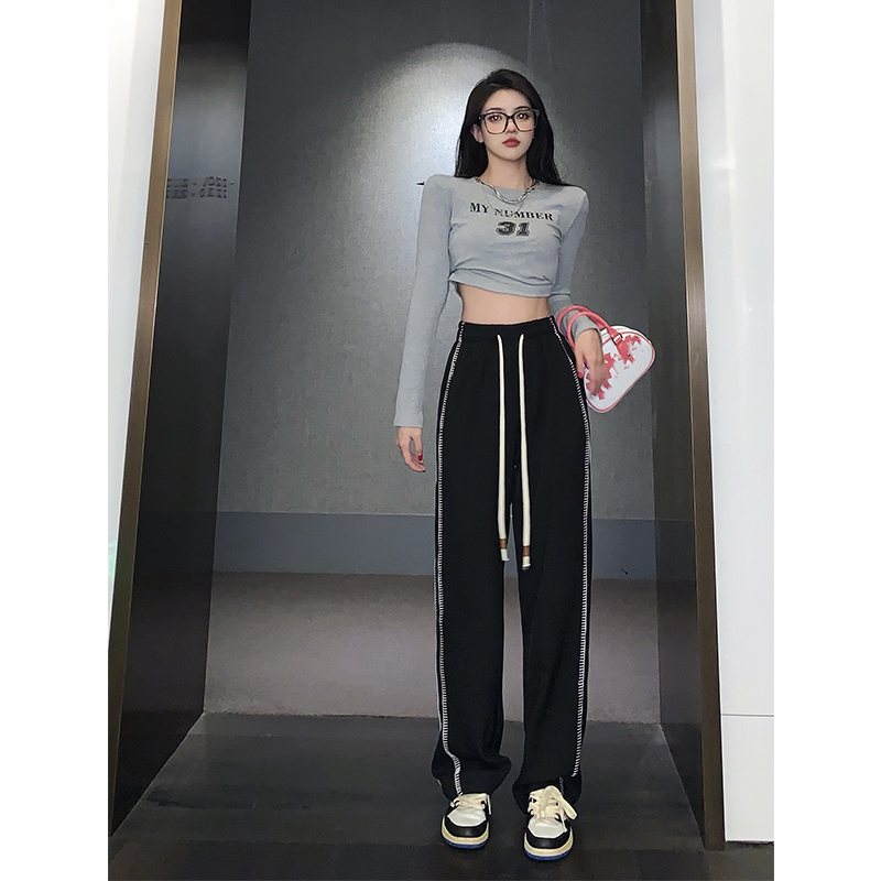 港味新款條紋黑色休閒褲女夏季高腰抽繩顯瘦直筒褲寬鬆運動長褲子